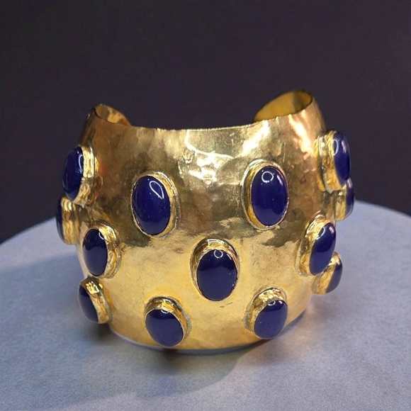 Designer Jewelry - Insane Massive Triple Gold Plated Lapis Lazuli Cabochon Cuff Bracelet